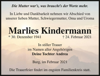 Traueranzeige von Marlies Kindermann  von Magdeburger Volksstimme