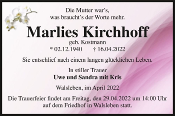 Traueranzeige von Marlies Kirchhoff (geb. Kostmann)  von Magdeburger Volksstimme