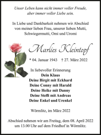 Traueranzeige von Marlies Kleintopf  von Magdeburger Volksstimme