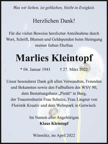 Traueranzeige von Marlies Kleintopf  von Magdeburger Volksstimme