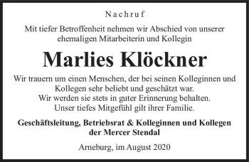Traueranzeige von Marlies Klöckner  von Magdeburger Volksstimme