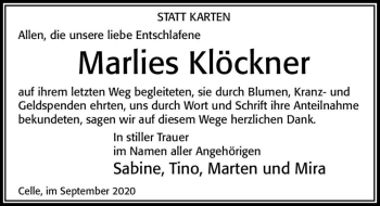 Traueranzeige von Marlies Klöckner  von Magdeburger Volksstimme