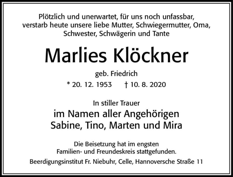  Traueranzeige für Marlies Klöckner (geb. Friedrich)  vom 22.08.2020 aus Magdeburger Volksstimme