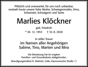 Traueranzeige von Marlies Klöckner (geb. Friedrich)  von Magdeburger Volksstimme