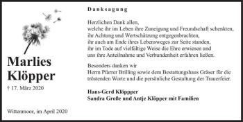 Traueranzeige von Marlies Klöpper  von Magdeburger Volksstimme
