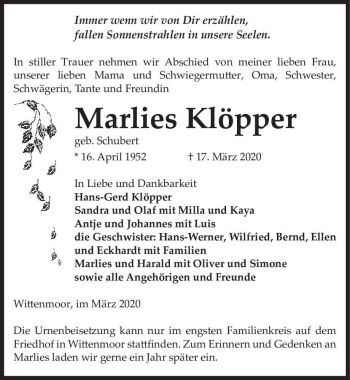Traueranzeige von Marlies Klöpper (geb. Schubert)  von Magdeburger Volksstimme