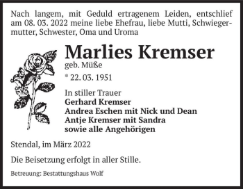 Traueranzeige von Marlies Kremser (geb. Müße)  von Magdeburger Volksstimme