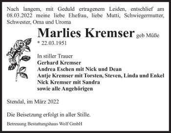 Traueranzeige von Marlies Kremser (geb. Müße)  von Magdeburger Volksstimme