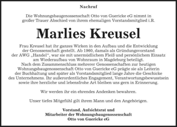 Traueranzeige von Marlies Kreusel  von Magdeburger Volksstimme