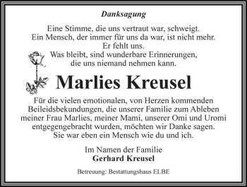 Traueranzeige von Marlies Kreusel  von Magdeburger Volksstimme