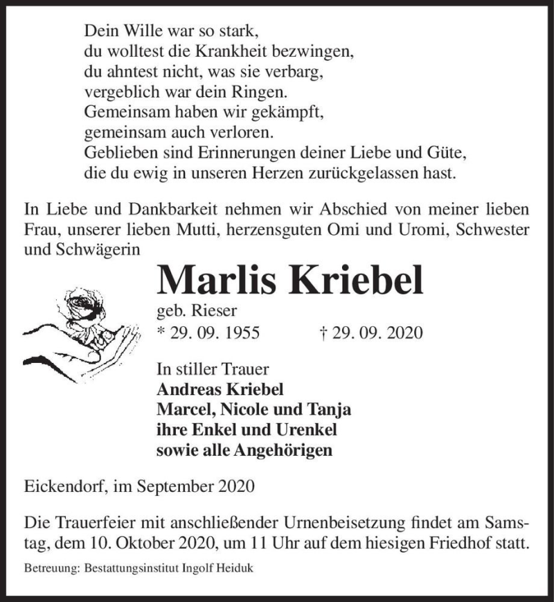  Traueranzeige für Marlies Kriebel (geb. Rieser)  vom 30.09.2020 aus Magdeburger Volksstimme