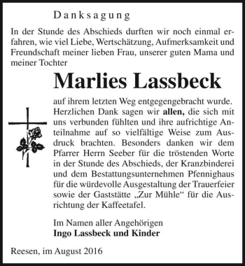 Traueranzeige von Marlies Lassbeck  von Magdeburger Volksstimme