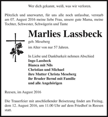 Traueranzeige von Marlies Lassbeck (geb. Meseberg)  von Magdeburger Volksstimme
