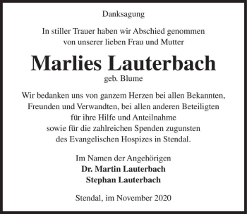 Traueranzeige von Marlies Lauterbach (geb. Blume)  von Magdeburger Volksstimme