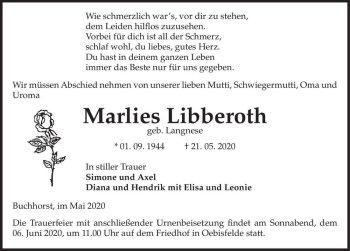 Traueranzeige von Marlies Libberoth (geb. Langnese)  von Magdeburger Volksstimme