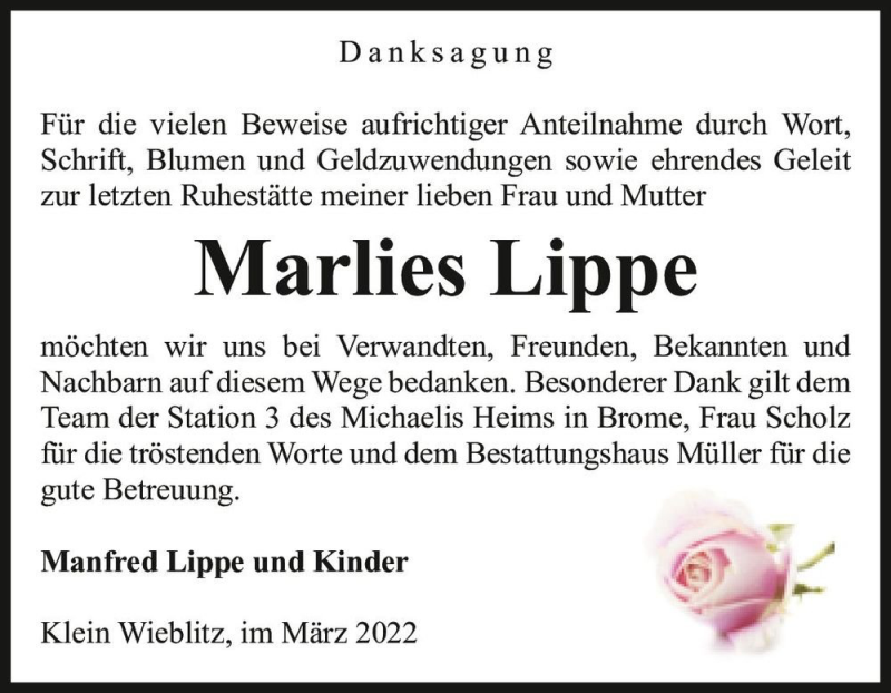  Traueranzeige für Marlies Lippe  vom 30.04.2022 aus Magdeburger Volksstimme