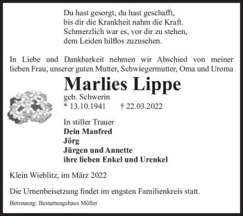 Traueranzeige von Marlies Lippe (geb. Schwerin)  von Magdeburger Volksstimme
