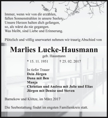 Traueranzeige von Marlies Lucke-Hausmann (geb. Hausmann)  von Magdeburger Volksstimme