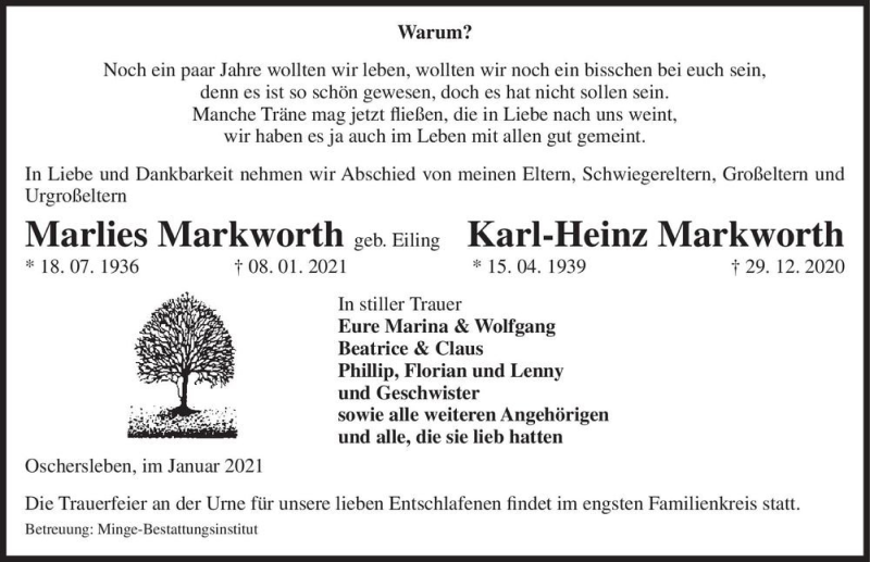  Traueranzeige für Marlies Markworth (geb. Eiling), Karl-Heinz Markworth  vom 15.01.2021 aus Magdeburger Volksstimme