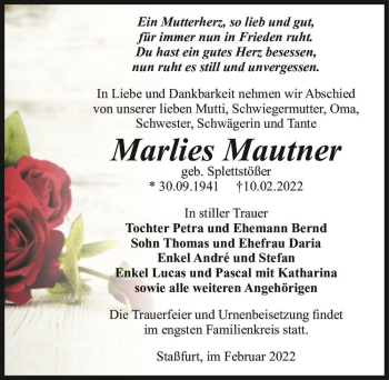 Traueranzeige von Marlies Mautner (geb. Splettstößer)  von Magdeburger Volksstimme