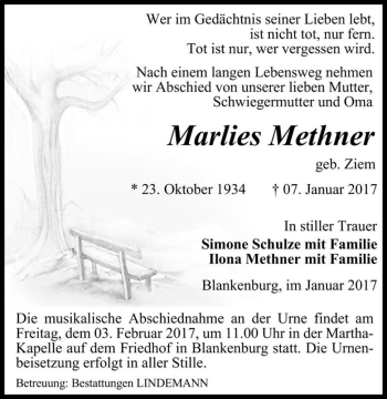 Traueranzeige von Marlies Methner (geb. Ziem)  von Magdeburger Volksstimme
