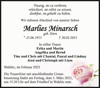 Traueranzeige von Marlies Minarsch (geb. Horn)  von Magdeburger Volksstimme