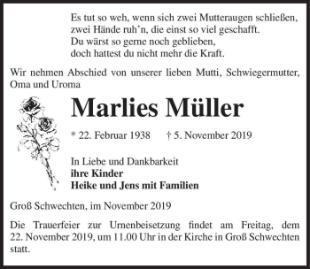 Traueranzeige von Marlies Müller  von Magdeburger Volksstimme