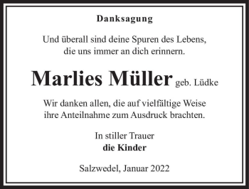 Traueranzeige von Marlies Müller (geb. Lüdke)  von Magdeburger Volksstimme