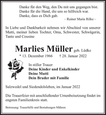 Traueranzeige von Marlies Müller (geb. Lüdke)  von Magdeburger Volksstimme