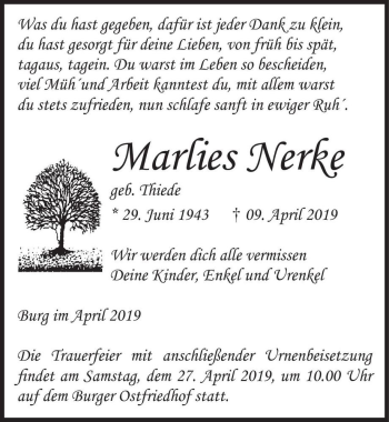 Traueranzeige von Marlies Nerke (geb. Thiede)  von Magdeburger Volksstimme