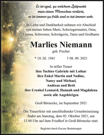 Traueranzeige von Marlies Niemann (geb. Fischer)  von Magdeburger Volksstimme