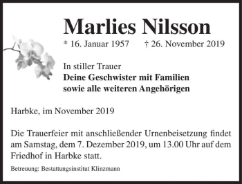 Traueranzeige von Marlies Nilsson  von Magdeburger Volksstimme