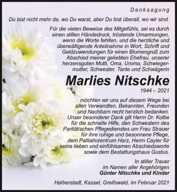 Traueranzeige von Marlies Nitschke  von Magdeburger Volksstimme
