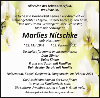 Traueranzeige von Marlies Nitschke (geb. Hartmann)  von Magdeburger Volksstimme