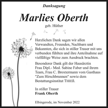 Traueranzeige von Marlies Oberth (geb. Hüther)  von Magdeburger Volksstimme