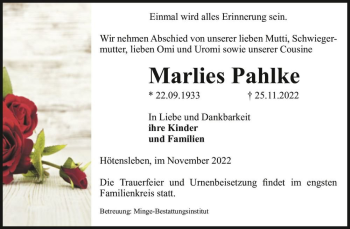 Traueranzeige von Marlies Pahlke  von Magdeburger Volksstimme