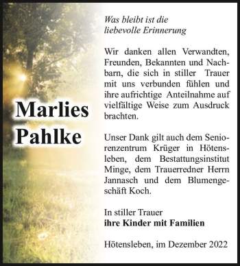 Traueranzeige von Marlies Pahlke  von Magdeburger Volksstimme