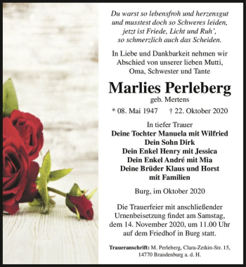 Traueranzeige von Marlies Perleberg (geb. Mertens)  von Magdeburger Volksstimme