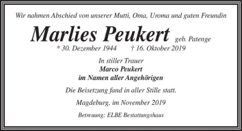 Traueranzeige von Marlies Peukert (geb. Patenge)  von Magdeburger Volksstimme
