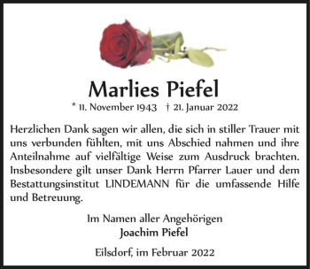 Traueranzeige von Marlies Piefel  von Magdeburger Volksstimme