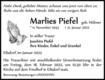 Traueranzeige von Marlies Piefel (geb. Hübner)  von Magdeburger Volksstimme