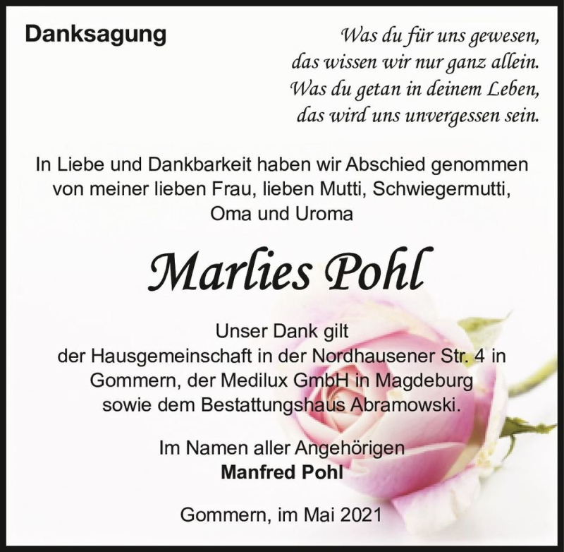  Traueranzeige für Marlies Pohl  vom 29.05.2021 aus Magdeburger Volksstimme