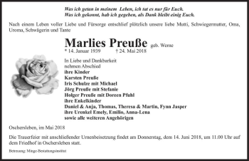 Traueranzeige von Marlies Preuße (geb. Werne)  von Magdeburger Volksstimme