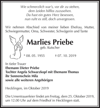 Traueranzeige von Marlies Priebe (geb. Kutscher)  von Magdeburger Volksstimme