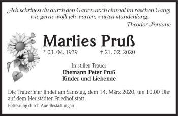 Traueranzeige von Marlies Pruß  von Magdeburger Volksstimme