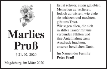 Traueranzeige von Marlies Pruß  von Magdeburger Volksstimme