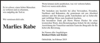 Traueranzeige von Marlies Rabe  von Magdeburger Volksstimme