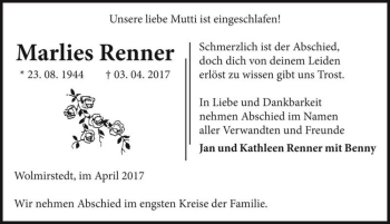 Traueranzeige von Marlies Renner  von Magdeburger Volksstimme