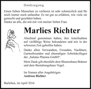 Traueranzeige von Marlies Richter  von Magdeburger Volksstimme