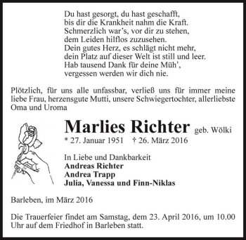 Traueranzeige von Marlies Richter (geb. Wölki)  von Magdeburger Volksstimme